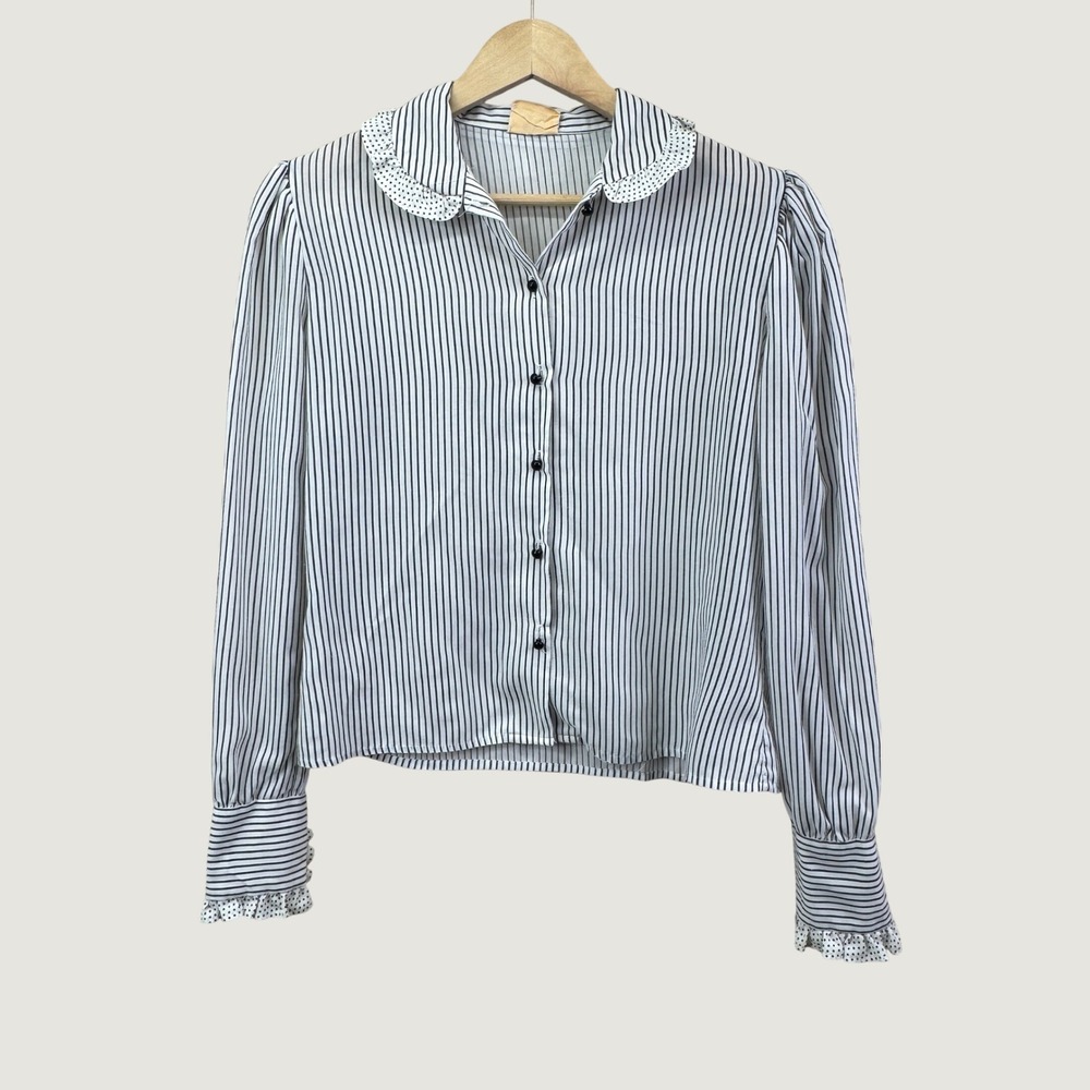 Liberation Striped Blouse Womens Small White Black Ruffle Polka Dot Vintage